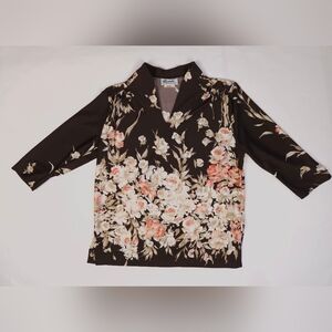 Vintage 60s Teddi Of California Brown Watercolor Floral Pullover Top Medium